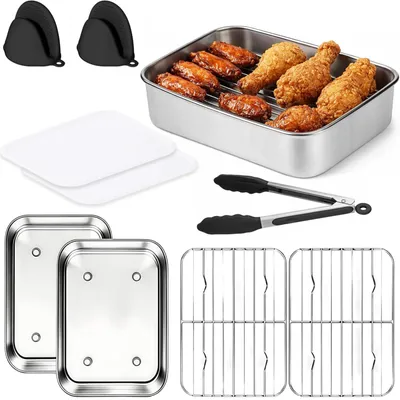 9-tlg. Backblech-Set für Heißluftfritteusen, Edelstahl, mit Zange & Handschuhen