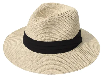 Produktbild von Damen Panama Hut Breiter Krempe Stroh Sommer Fedora Rollbar UV Sonnenhut UPF 50+ Beige Einheitsgröße
