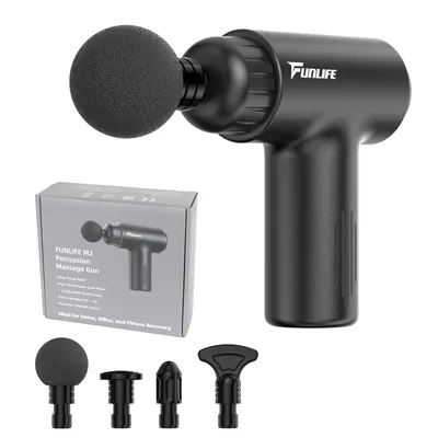 Zdjęcie produktu dla Mini pistolet do masażu FunLife M2, waga 0,5 kg, cichy <45 dB, 6 poziomów intensywności, 4 głowice do masażu, kompaktowy pistolet do masażu powięziowego, kolor czarna matowa