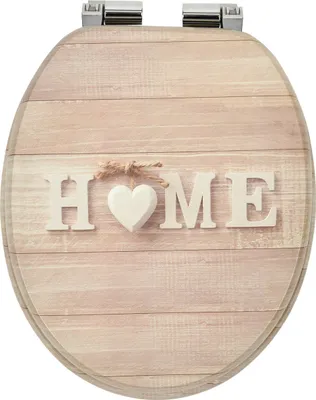 A toilet seat lid with a wooden texture and the word "HOME" spelled out in white letters, with a white heart hanging in the center.