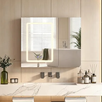Produktbild von INONEFT Spiegelschrank Bad LED mit 3-Farben-Beleuchtung und verstellbaren Regalebenen, 2 Türen,70x60cm,Weiß