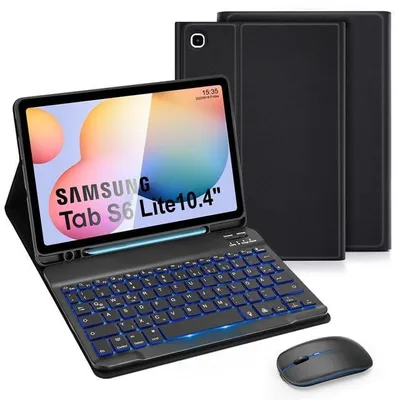 Obrázok produktu pre Poťah na klávesnicu pre zariadenie Galaxy, s klávesnicou, pre modely z rokov 2024, 2022, 2020, s Bluetooth klávesnicou, rozložením QWERTZ, pre model Tab S6 Lite, čierna, s podsvietením + myš