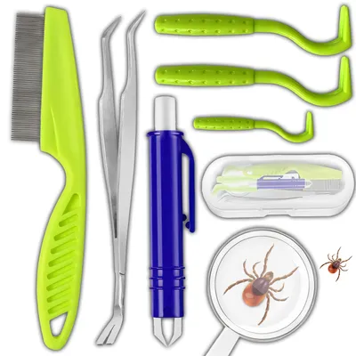 Produktbild von Zeckenentferner Set 7-tlg, Zeckenzange, Zeckenpinzette, Zeckenhaken, Zeckenhebel, Zeckenkarte für Hunde, Katzen & Menschen, Sicher & Einfach Retoo