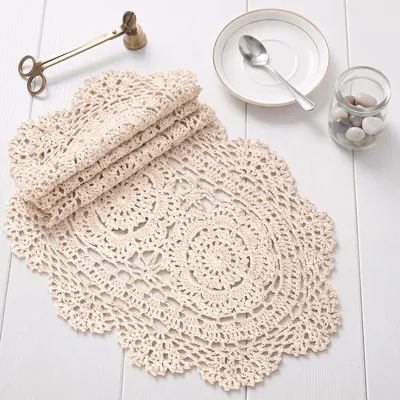 4 Spitzenplatzdeckchen 25x35 cm oval beige handgefertigt
