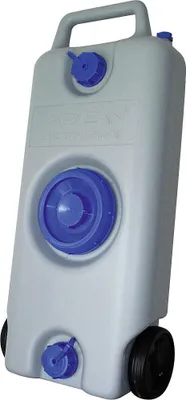 A gray portable water tank with blue caps and black wheels, shown from a front-diagonal angle.