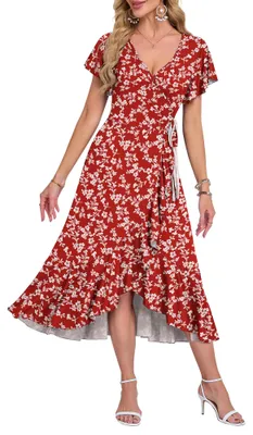 Produktbild von AUSELILY Sommerkleid Damen Wickelkleid Kurzarm V Ausschnitt Midikleider