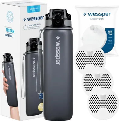 A product shot featuring a water bottle and its accessories, arranged against a plain background.