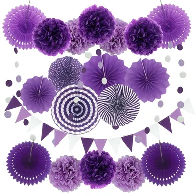 Productafbeelding van Decoratieset paars, 21 stuks: papieren pompons, waaierdecoraties en een guirlande, geschikt voor meisjes, doopfeest, babyfeest, bruiloft, verjaardag