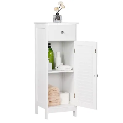 A white bathroom cabinet with its door open, showing shelves with toiletries and towels.