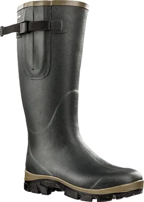 A single green rubber boot with a tan sole and black buckle strap.