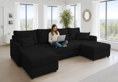 Image de AX LIVING Canapé d'angle grand Dolceo 287 cm - Canapé noir avec fonction sommeil & ottomane
