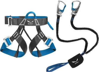 Produktbild von Salewa Klettersteigset Via Ferrata Premium Attac & Ferrata Evo Klettergurt, 100% Polyamid, für Nutzer 50-120kg, Taille 75-125cm, Beinschlaufen 43-80cm, mit Attac Karabinern, elastischen Sicherungsarmen, Bandfalldämpfer, Rastschlaufe, 3 Schnallen, 1 Materialschlaufe, Bruchlast: Längs 27kN, Quer 8kN, Offen 11kN, zertifiziert nach EN 958, UIAA 128, EN 12277 Typ C, ideal für Klettern, Klettersteig, Hochtouren, beste Handhabung, schnell anzulegen