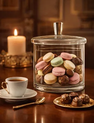 Produktbild von Glas-Bonboniere mit Deckel, 20 cm hoch – Bonbonglas mit Ø 18 cm für Pralinen, Macarons, Kekse und Süßigkeiten