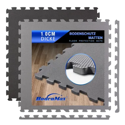 Zdjęcie produktu dla Maty ochronne BodenMax z krawędziami, 58x58 cm, do ochrony podłóg w siłowniach – maty pod sprzęt, maty ochronne – idealne do siłowni, sal fitness, piwnic, grubość 10 mm, kolor: szary, zestaw 12 sztuk