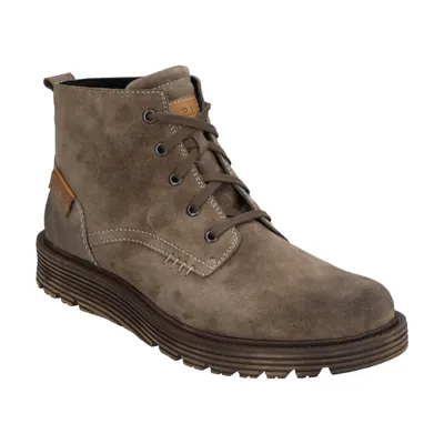 A single brown suede boot is shown against a white background.