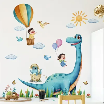 Produktbild von Dinosaurier Wandsticker Kinderzimmer mit Heißluftballon Wolken und Cartoon Dino Wandtattoo selbstklebend Wanddeko für Babyzimmer Spielzimmer Wohnzimme