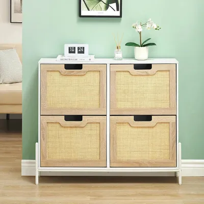 Produktbild von Rattan Schuhschrank - Schmales Schuhregal - 4 Klappfächer - Metallfüße - Freistehender Flurschrank - Weiß