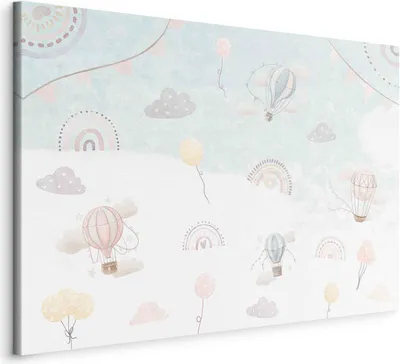 Produktbild von Italienischer Leinwand Leinwandbild - Sky with Balloons - Balloons in Subdued Colors Flying in the Sky Among Clouds Rainbows and Stars 90x60 cm Für Kinder e-C-10070-b-a