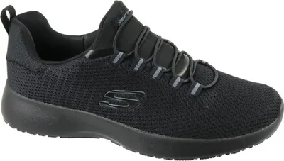 A black Skechers shoe is shown against a white background.