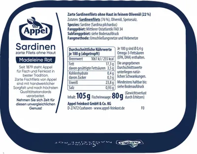 Image de Appel Sardines Filets tendres sans peau Madeleine Rouge à l'huile d'olive fine (boîte de 105g)