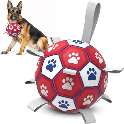 Image de Balle pour chien, jouet pour chien, balle avec poignée pour chiens, jeu interactif de traction, balles aquatiques pour chiens, cadeau d'anniversaire pour chiens de taille moyenne/grande (20 cm, rouge et blanc)