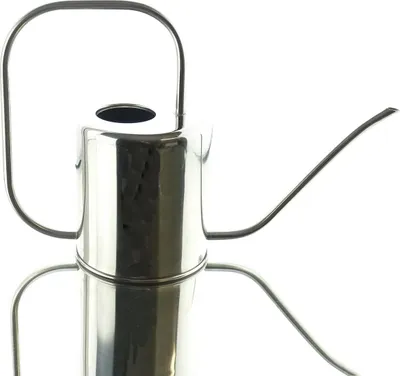 A close-up studio shot of a stainless steel watering can.