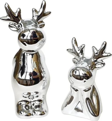 Zdjęcie produktu dla Ceramiczny renifer z reniferem, srebrny, 16 i 11 cm, zestaw 2 sztuk