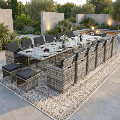 Image de Poly rotin Ensemble de salon de jardin table à manger Lounge 17 pièces Set de jardin 1x table + 12x chaises + 4x tabourets - gris