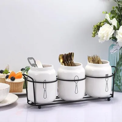 Zdjęcie produktu dla 3-częściowy ceramiczny zestaw na sztućce, biały, porcelanowy organizer kuchenny