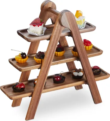 Produktbild von Relaxdays Etagere, 3 Etagen, Akazienholz, klappbares Gestell, HxBxT: 38 x 41 x 15 cm, rustikaler Servierständer, braun