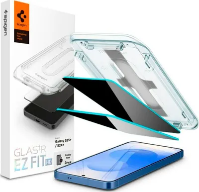 A product shot of a phone screen protector kit, including the packaging, a clear case, and the screen protectors.