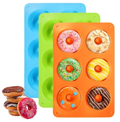 Immagine prodotto di Stampo in silicone per donute, 3 pezzi, 6 cavità, antaderente, blu, verde, arancione