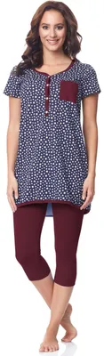 Image de Pyjama à manches courtes pour femme Be Mammy avec fonction d'allaitement BE20-177 (bleu marine, étoiles et bordeaux, taille M)
