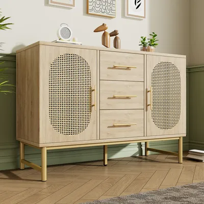 Produktbild von MODFU Kommode Sideboard mit 3 Schubladen und 2-Rattan-Türer, Schrank Buffet mit Metallgriffen und erstellbare Fächer für Wohnzimmer, Schlafzimmer,Sonoma Eiche