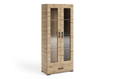 Produktbild von Vitrine FINO II mit Glastür und Schublade, Vitrinenschrank mit Glasfach, Hochschrank für Wohnzimmer und Esszimmer, Moderne Glasvitrine, Eiche Artisan