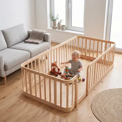 Produktbild von Modulares Baby Laufgitter Naturholz 140 x 200 cm 7 cm Gitterabstand abgerundete Kanten Kinderschutzgitter
