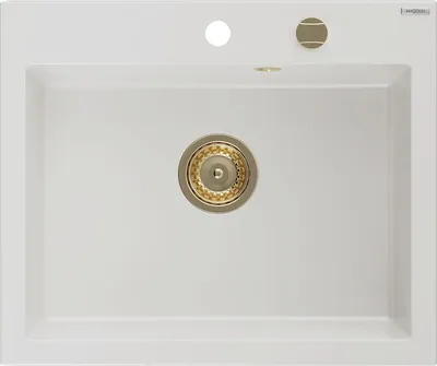 Produktbild von Mexen Elix Granitspüle 1-beckig 600 x 500 mm, weiß, goldener Siphon - 6525601005-20-G