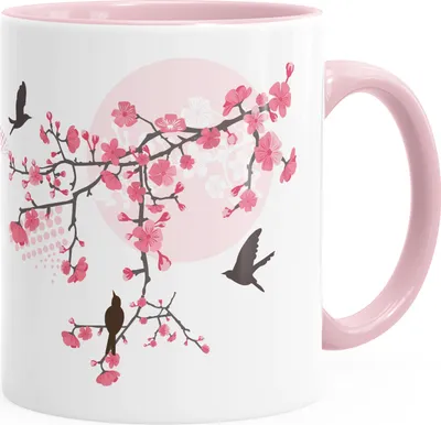 Produktbild von Kaffee-Tasse Kirschblüten Vögel Vogel Blumen Blüten Flower Cherry Tree Birds Tasse mit Innenfarbe Autiga® rosa unisize