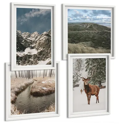 Produktbild von Bilder Set 4-teilig im Goldrahmen Rahmen – Wandbilder 4 Stück – gerahmte Poster für Wohnzimmer, Schlafzimmer und Flur – 50x50 cm - 40x60 cm – Berge, Schnee, Hirsche, Waldlandschaft