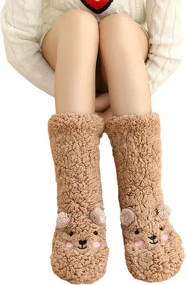 Produktbild von Flauschige Bären-Haussocken, dicke Plüschsocken mit niedlichen Tiermotiven und Bärenohren, flauschige, rutschfeste Wintersocken für Zuhause, Schlafzimmer und Wohnzimmer