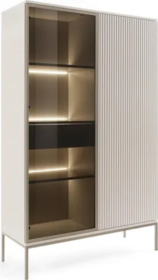 A modern display cabinet with glass doors and internal lighting.