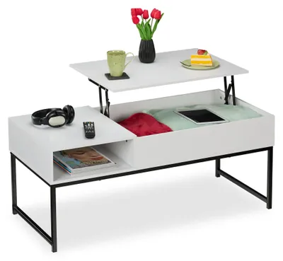 Produktbild von Relaxdays Couchtisch aufklappbar, HBT: 45x110x50 cm, Seitenfach, Wohnzimmertisch mit Stauraum, Holzoptik & Metall, weiß