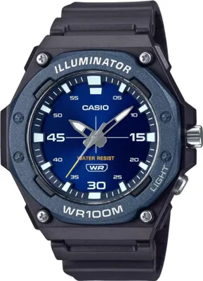 A close-up, front-facing studio shot of a Casio Illuminator WR100M watch against a white background.