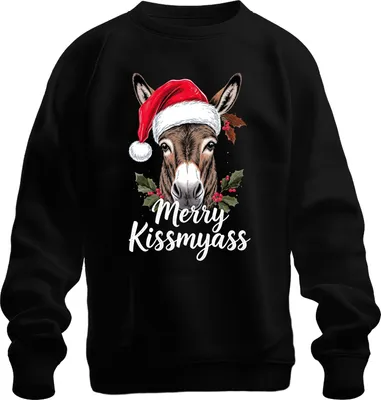 Produktbild von Merry Kissmyass lustiger Esel Weihnachtsesel Weihnachtsmütze Uni Sweatshirt Pullover, Schwarz, M