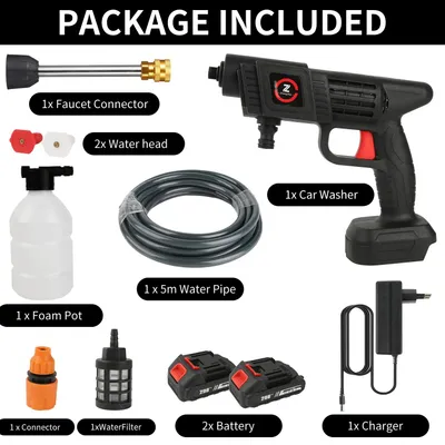 Zdjęcie produktu dla Myjka wysokociśnieniowa akumulatorowa - pistolet do mycia samochodów - 70 bar - 10000 mAh - 2 akumulatory - z wężem do wody - wytwornica piany