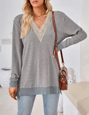 Produktbild von ASKSA Damen Langarm Bluse V-Ausschnitt Spitzenbesatz Elegant Lose Tunika Tops, Hellgrau, XXL