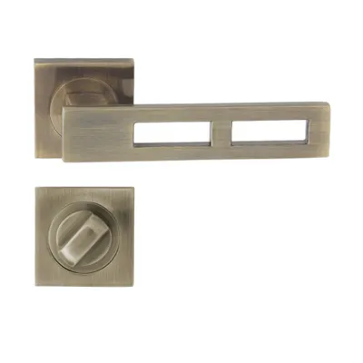 A door handle set with a square rosette and a rectangular lever with two cutouts, shown against a white background.