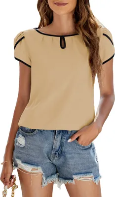 Produktbild von ASKSA Sommer Damen T-Shirt Rundhals Kurzarm Blütenblatt Ärmel Shirts Lose Einfarbig Oberteile Casual Tunika Tops, Gelb, S