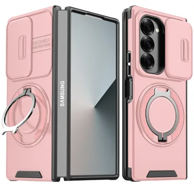 Produktbild von Handyhülle für Samsung Galaxy Z Fold6 Dual-Layer Stoßfest Militär Hülle mit Dia Kameraschutz, Magnetisch Ring Ständer Pink