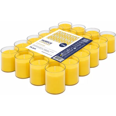 Produktbild von HORECA CANDLES Citronella Teelichter 24 Stück – Gelb in transparenter Kunststoffhülle, 24h Brenndauer, Duftkerzen für Balkon & Outdoor